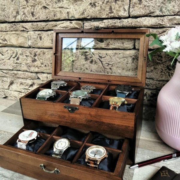 Watch Box for 12, Drawer Watch Case, Two Levels Wood Watch Box, Unique Gift for Dad